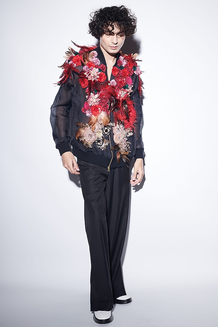 Black Organza & Suiting Fabric Bomber Jacket Set by Varun Bahl Men at Pernia's Pop Up Shop
