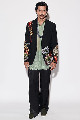Black Organza & Suiting Fabric Cutdana Embroidered Jacket Set by Varun Bahl Men
