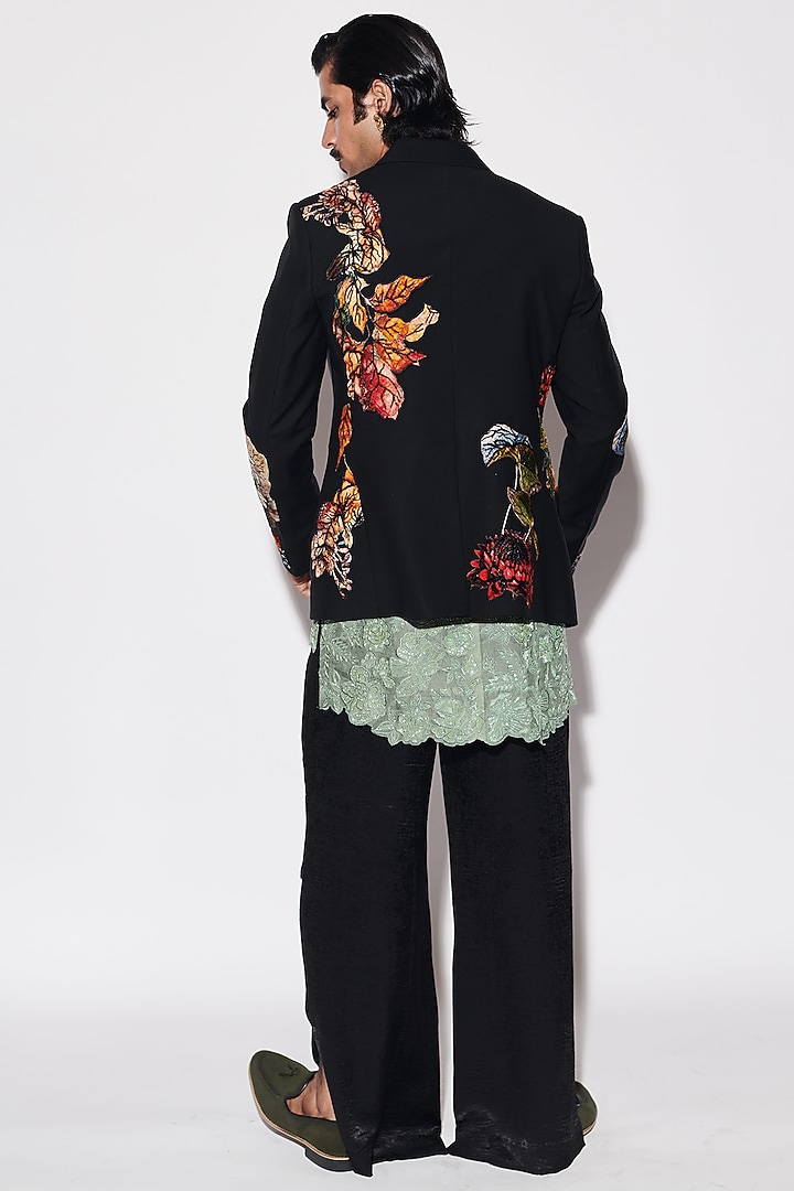 Black Organza & Suiting Fabric Cutdana Embroidered Jacket Set by Varun Bahl Men at Pernia's Pop Up Shop