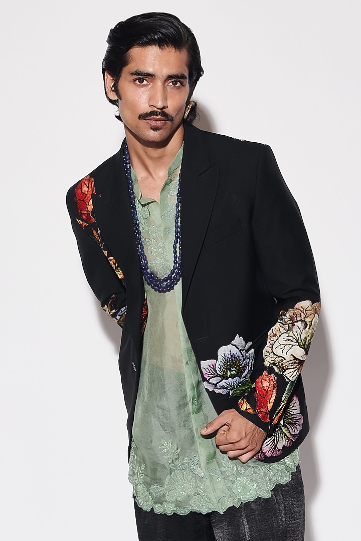 Black Organza & Suiting Fabric Cutdana Embroidered Jacket Set by Varun Bahl Men at Pernia's Pop Up Shop