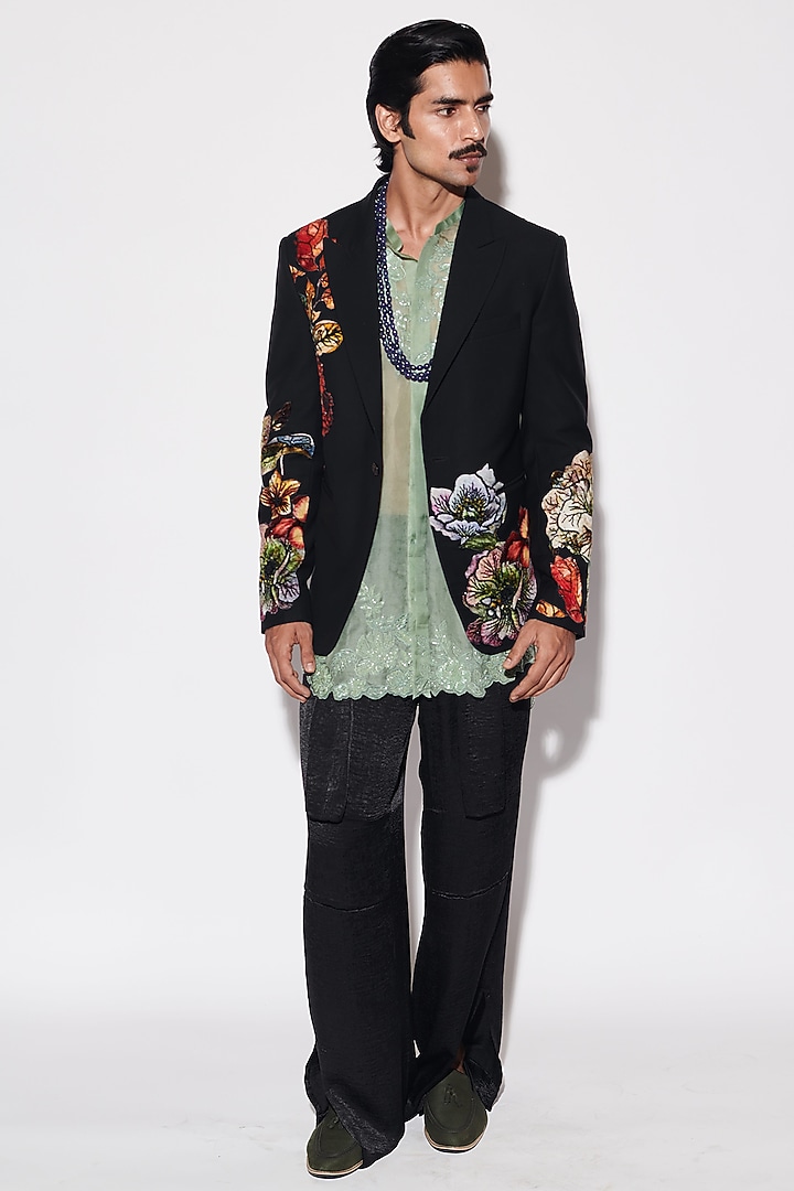 Black Organza & Suiting Fabric Cutdana Embroidered Jacket Set by Varun Bahl Men at Pernia's Pop Up Shop