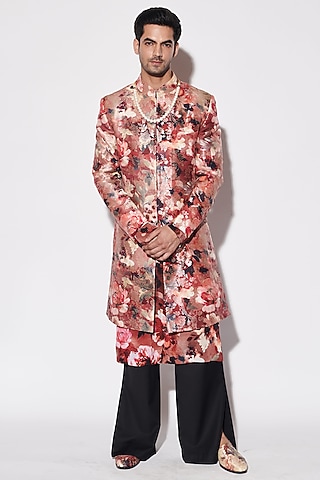 Red Brocade Floral Printed Sherwani Set by Varun Bahl Men
