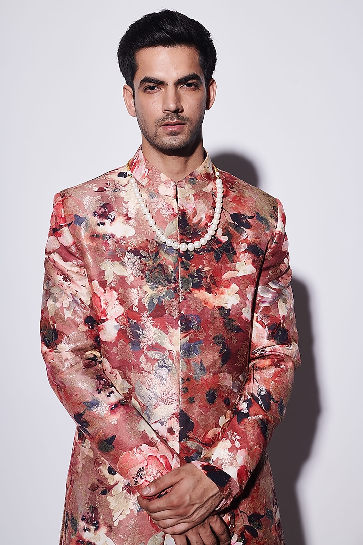 Red Brocade Floral Printed Groom Sherwani Set by Varun Bahl Men at Pernia's Pop Up Shop