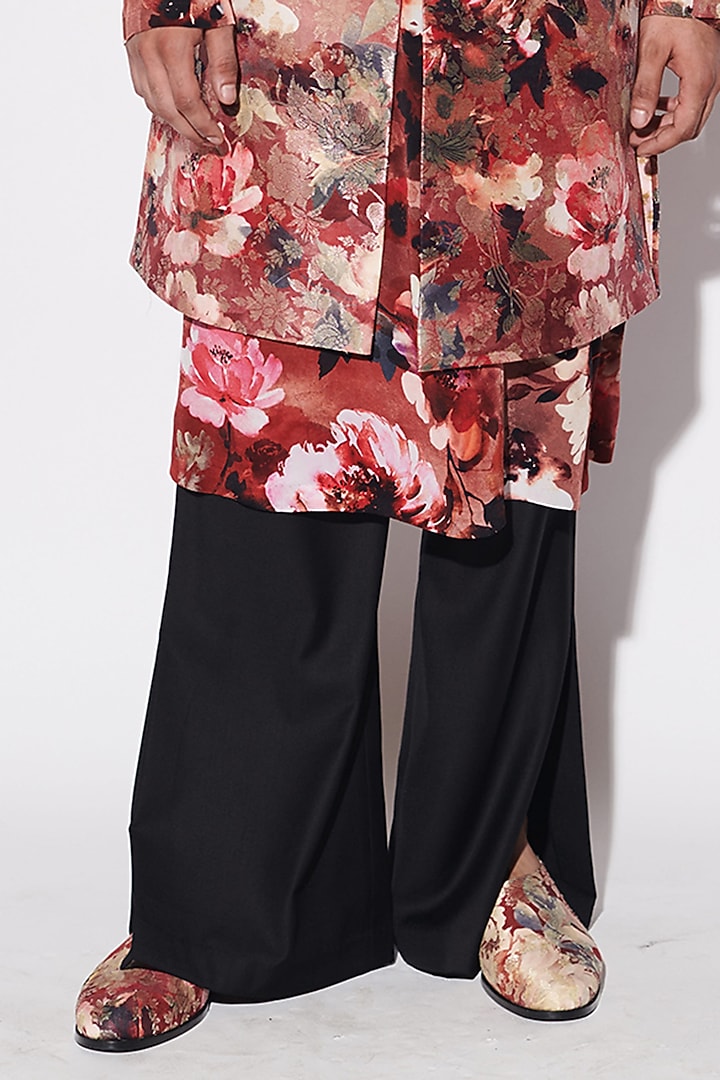 Red Brocade Floral Printed Groom Sherwani Set by Varun Bahl Men at Pernia's Pop Up Shop