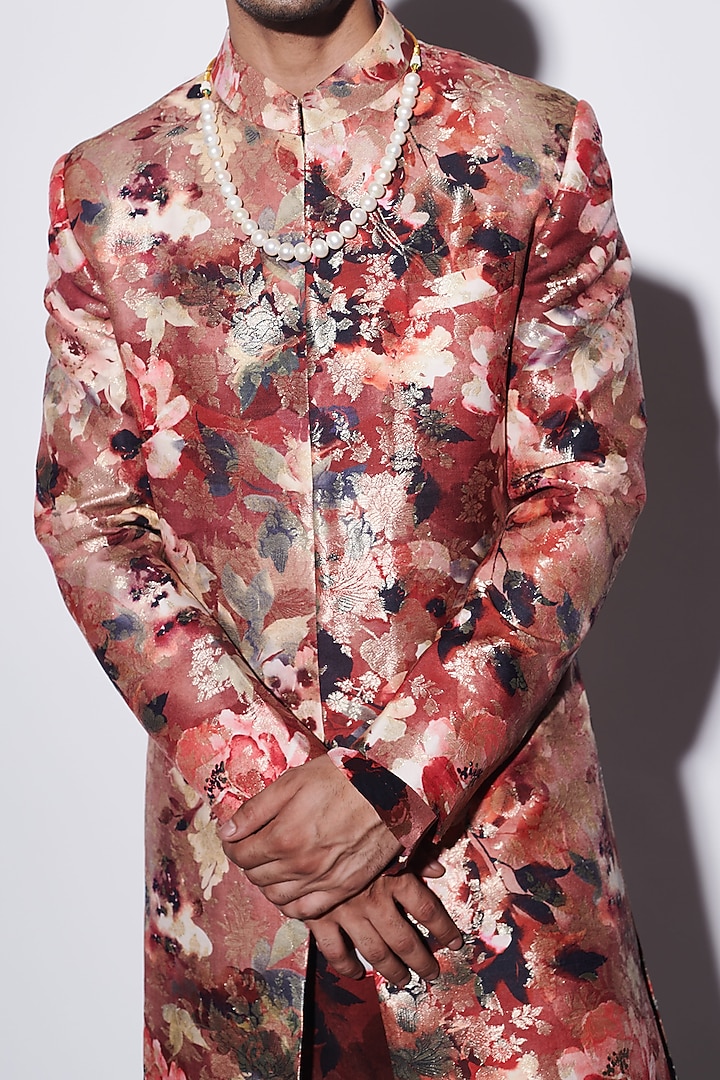 Red Brocade Floral Printed Groom Sherwani Set by Varun Bahl Men at Pernia's Pop Up Shop