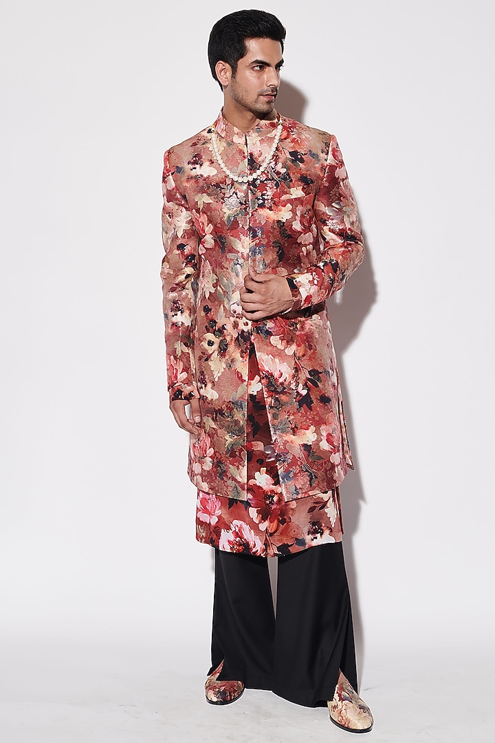 Red Brocade Floral Printed Groom Sherwani Set by Varun Bahl Men at Pernia's Pop Up Shop