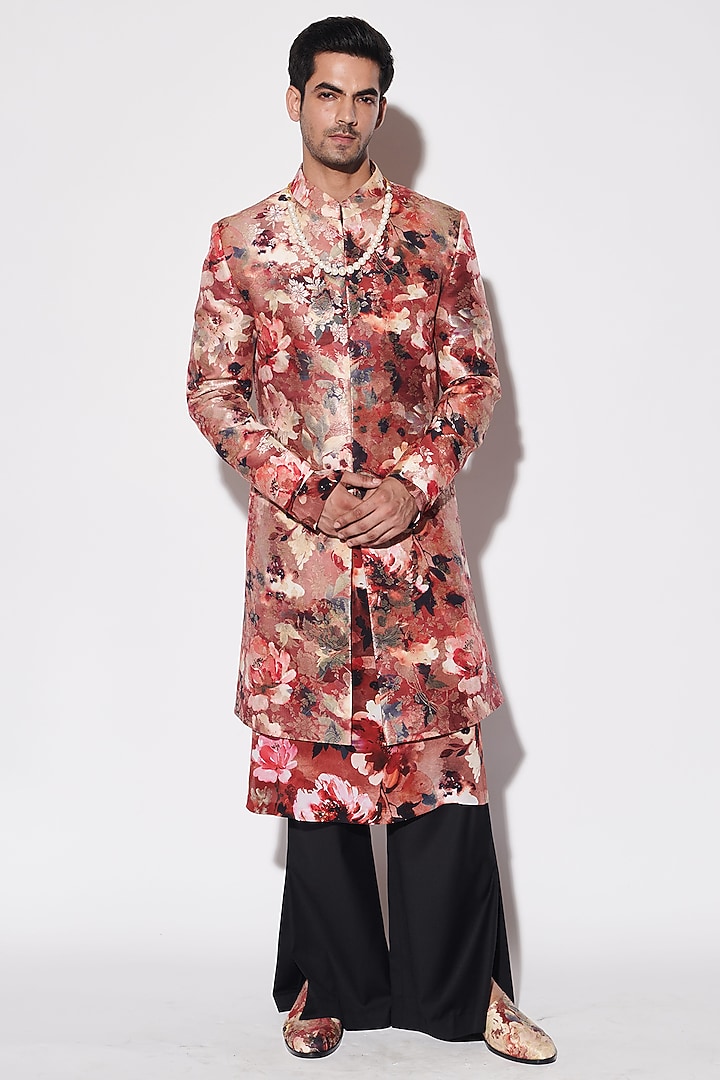 Red Brocade Floral Printed Groom Sherwani Set by Varun Bahl Men at Pernia's Pop Up Shop