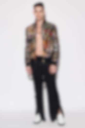 Black Brocade & Sandwash Satin Sequins Embellished Bomber Jacket Set by Varun Bahl Men