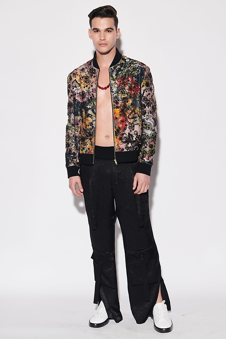 Black Brocade & Sandwash Satin Sequins Embellished Bomber Jacket Set by Varun Bahl Men