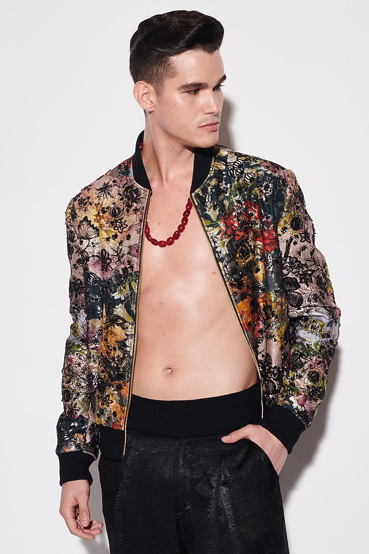 Black Brocade & Sandwash Satin Sequins Embellished Bomber Jacket Set by Varun Bahl Men at Pernia's Pop Up Shop
