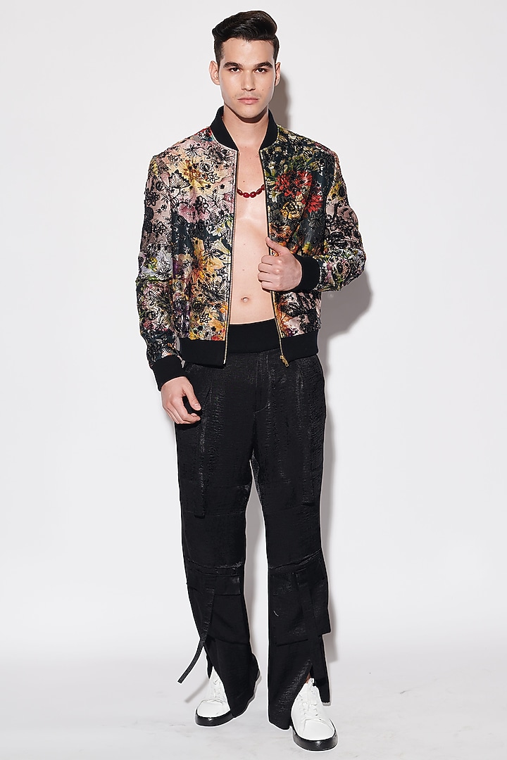 Black Brocade & Sandwash Satin Sequins Embellished Bomber Jacket Set by Varun Bahl Men at Pernia's Pop Up Shop