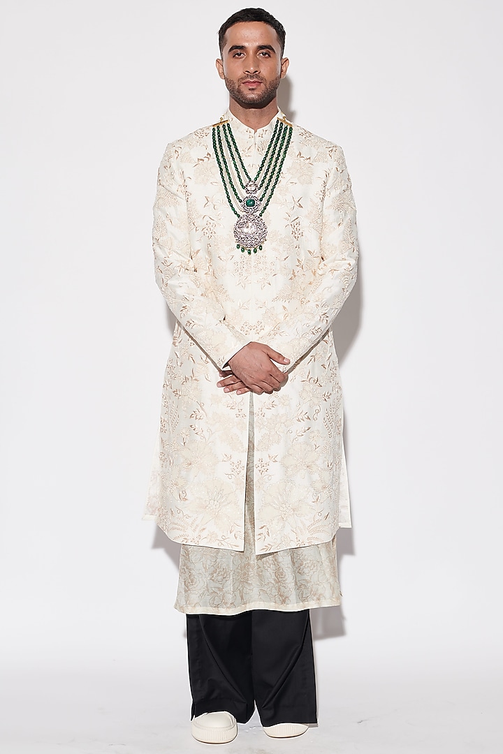 Ivory Dupion & Suiting Fabric Sequins Embroidered Sherwani Set by Varun Bahl Men