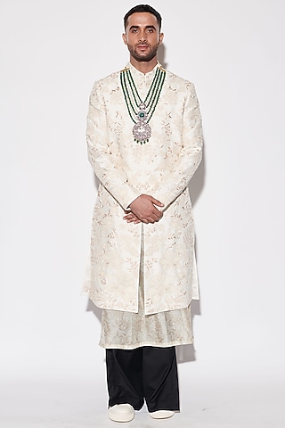 Ivory Dupion & Suiting Fabric Sequins Embroidered Sherwani Set by Varun Bahl Men