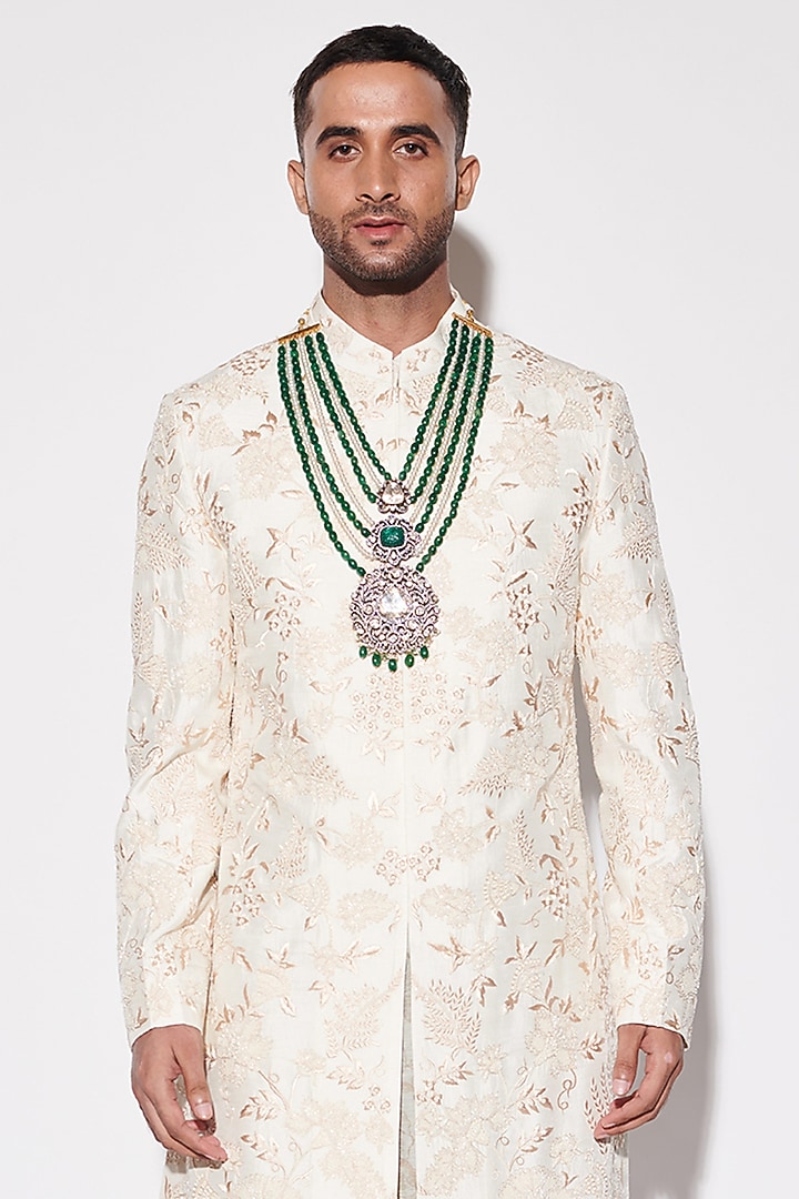 Ivory Dupion & Suiting Fabric Sequins Embroidered Groom Sherwani Set by Varun Bahl Men at Pernia's Pop Up Shop