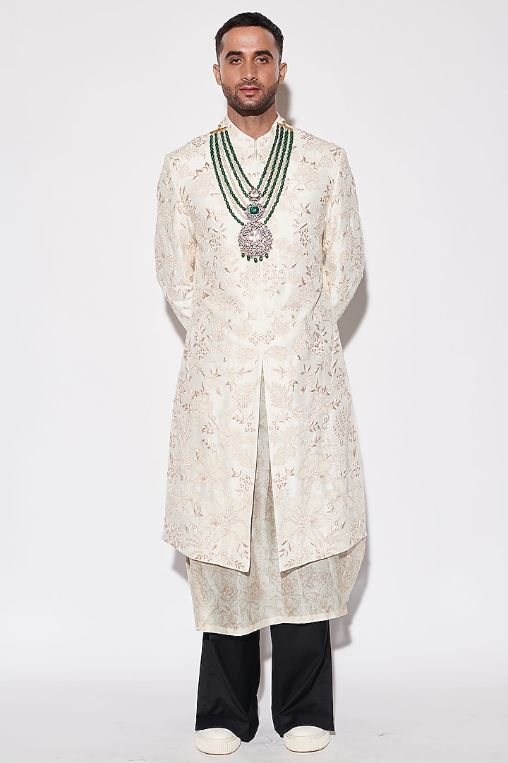 Ivory Dupion & Suiting Fabric Sequins Embroidered Groom Sherwani Set by Varun Bahl Men at Pernia's Pop Up Shop