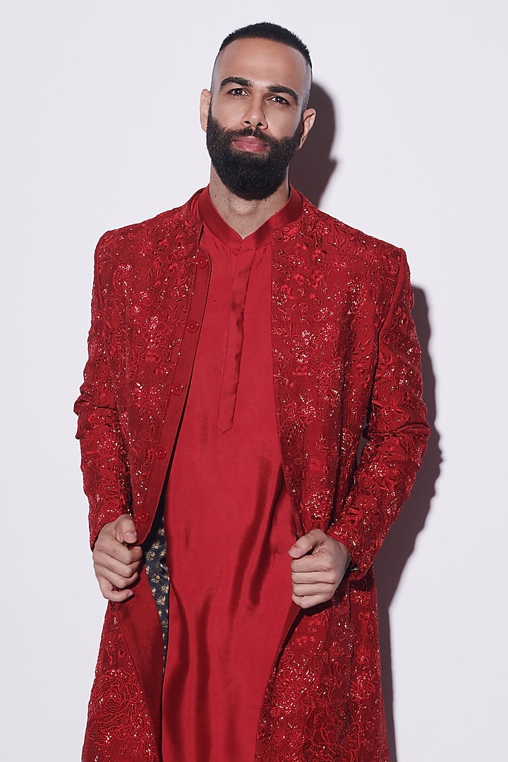 Red Modal Dupion & Cotton Silk Cutdana Embroidered Groom Indowestern Set by Varun Bahl Men at Pernia's Pop Up Shop