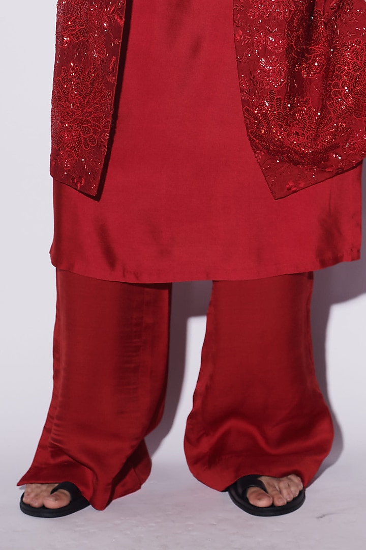 Red Modal Dupion & Cotton Silk Cutdana Embroidered Groom Indowestern Set by Varun Bahl Men at Pernia's Pop Up Shop