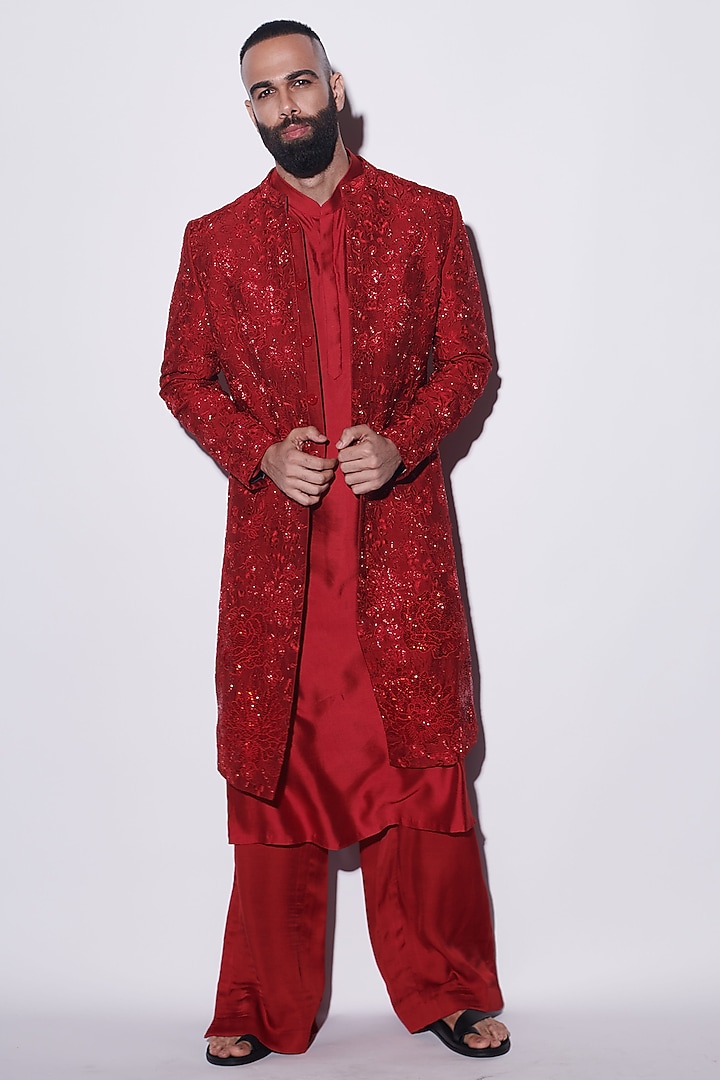 Red Modal Dupion & Cotton Silk Cutdana Embroidered Groom Indowestern Set by Varun Bahl Men at Pernia's Pop Up Shop