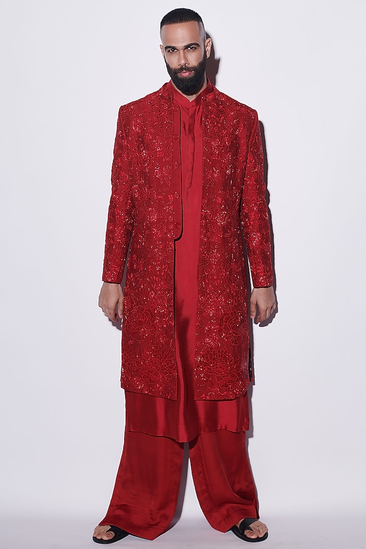 Red Modal Dupion & Cotton Silk Cutdana Embroidered Groom Indowestern Set by Varun Bahl Men at Pernia's Pop Up Shop