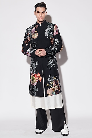 Black Dupion & Cotton Silk Printed Sherwani Set by Varun Bahl Men