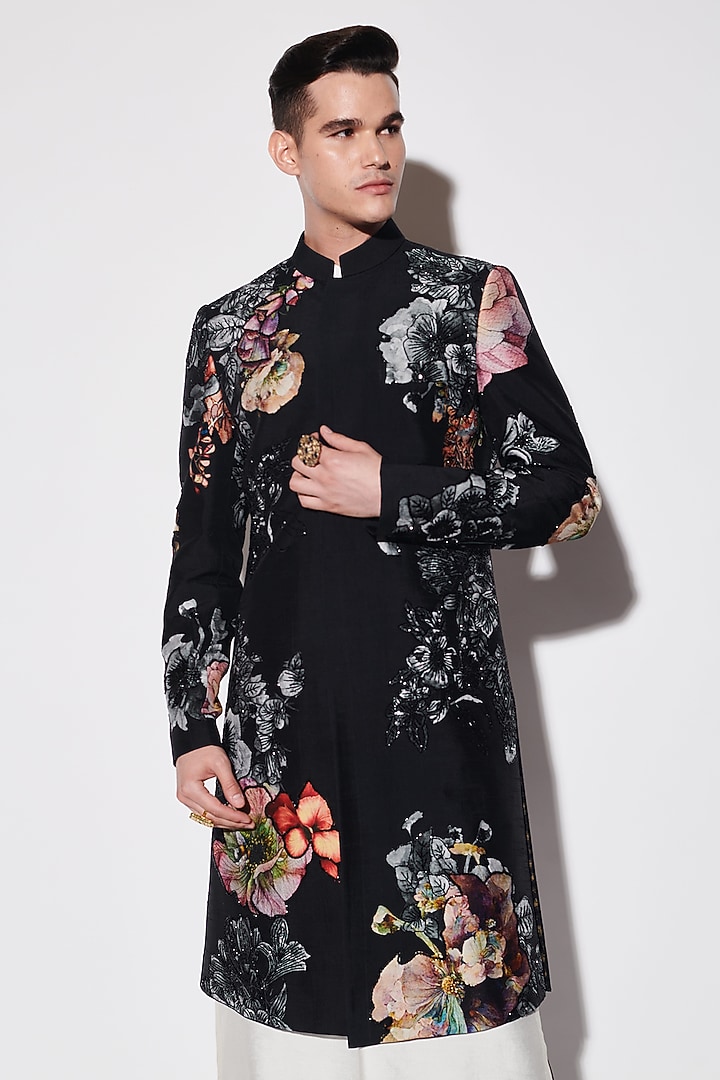 Black Dupion & Cotton Silk Printed Groom Sherwani Set by Varun Bahl Men at Pernia's Pop Up Shop
