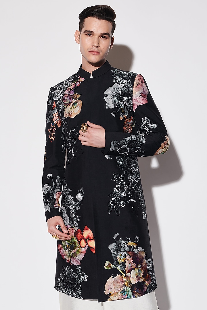 Black Dupion & Cotton Silk Printed Groom Sherwani Set by Varun Bahl Men at Pernia's Pop Up Shop
