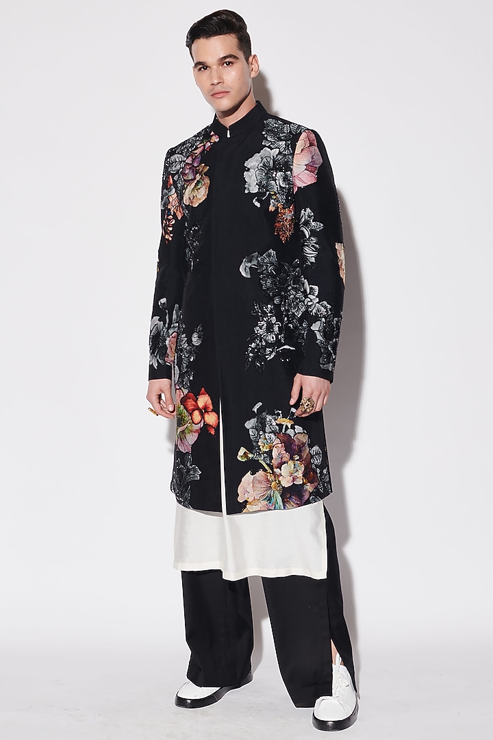 Black Dupion & Cotton Silk Printed Groom Sherwani Set by Varun Bahl Men at Pernia's Pop Up Shop