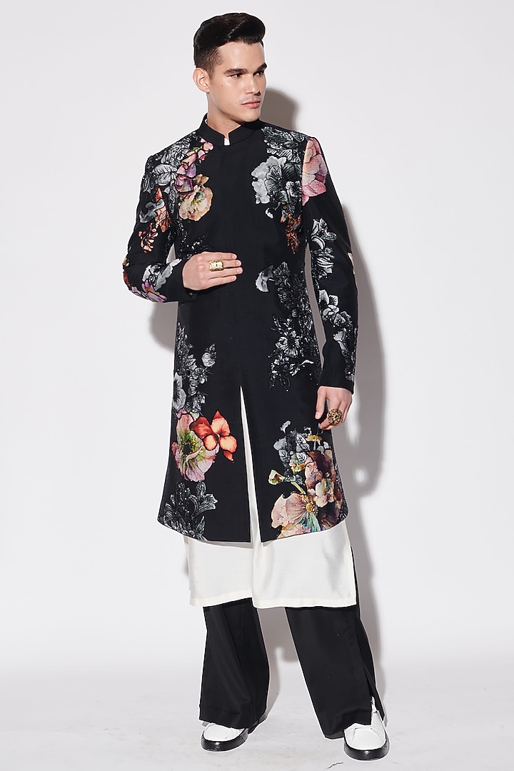 Black Dupion & Cotton Silk Printed Groom Sherwani Set by Varun Bahl Men at Pernia's Pop Up Shop