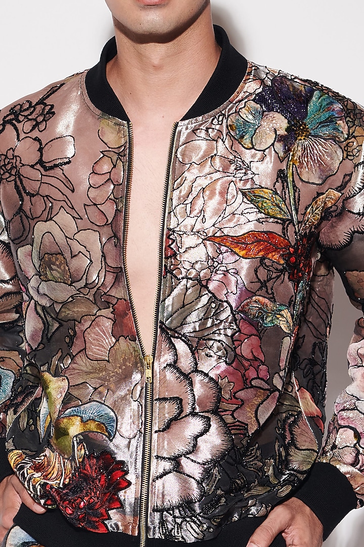 Gold Tissue Printed & Sequins Embellished Bomber Jacket Set by Varun Bahl Men at Pernia's Pop Up Shop