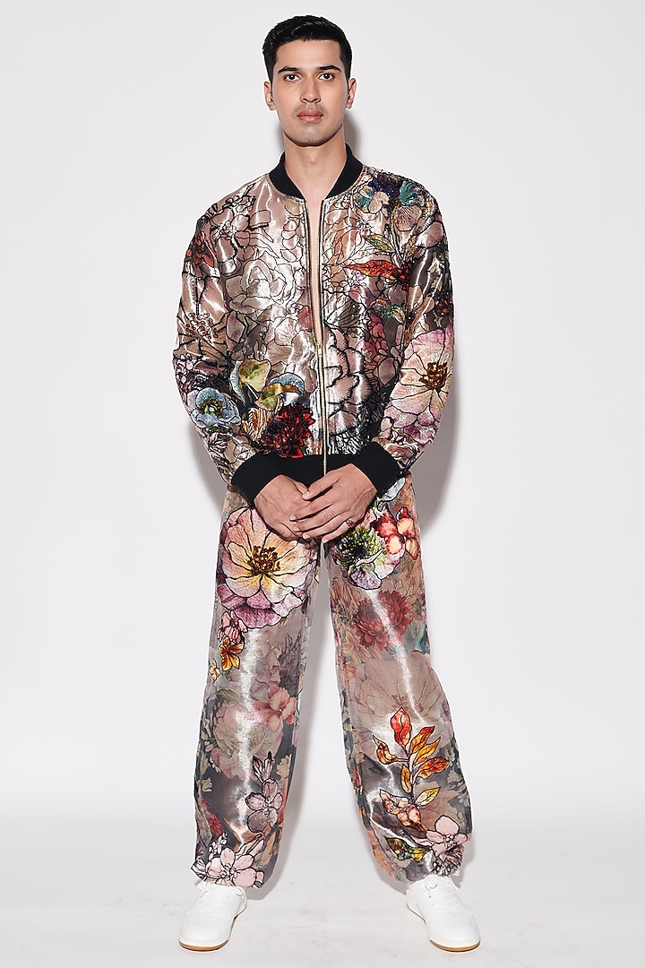 Gold Tissue Printed & Sequins Embellished Bomber Jacket Set by Varun Bahl Men at Pernia's Pop Up Shop