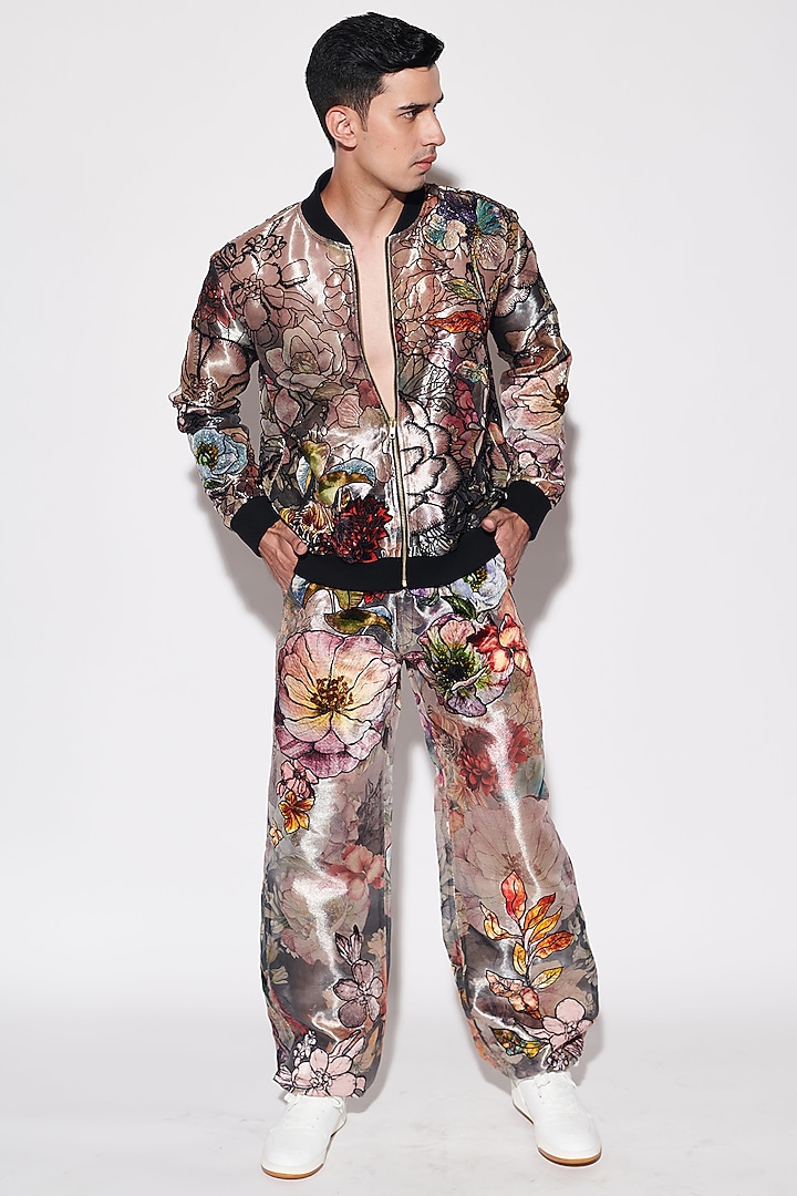 Gold Tissue Printed & Sequins Embellished Bomber Jacket Set by Varun Bahl Men at Pernia's Pop Up Shop
