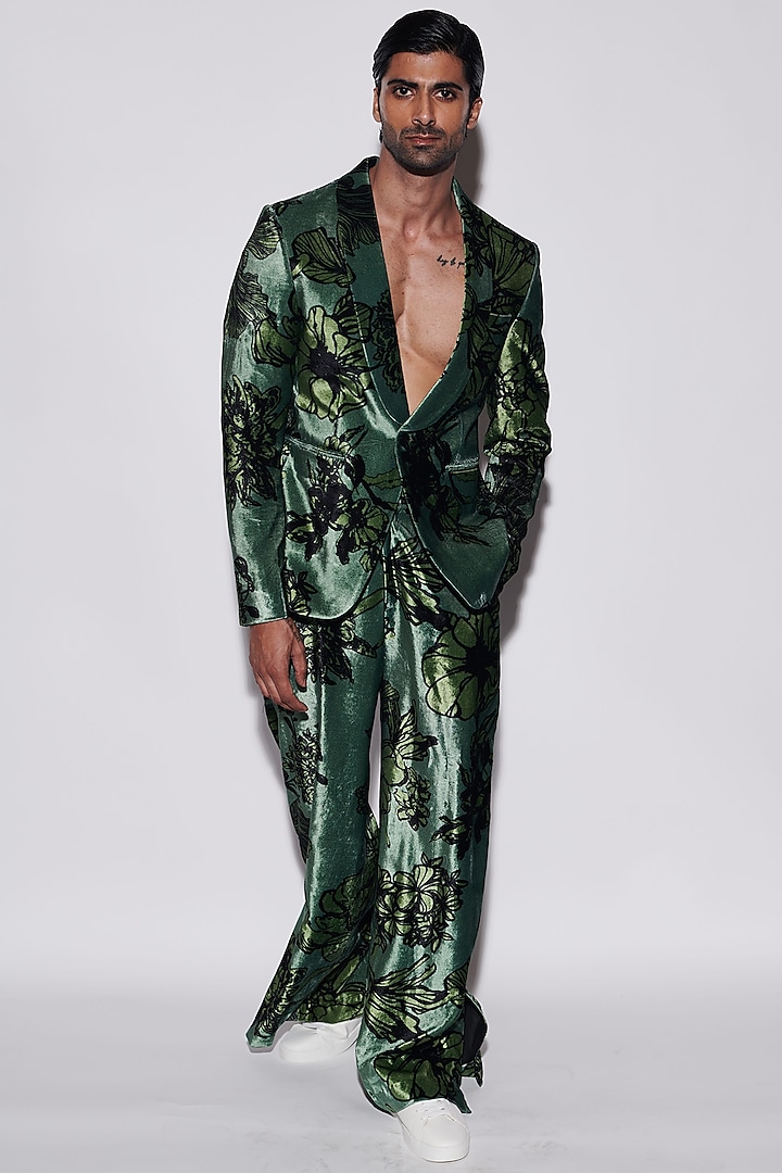 Sage Green Velvet Floral Printed Jacket Set by Varun Bahl Men