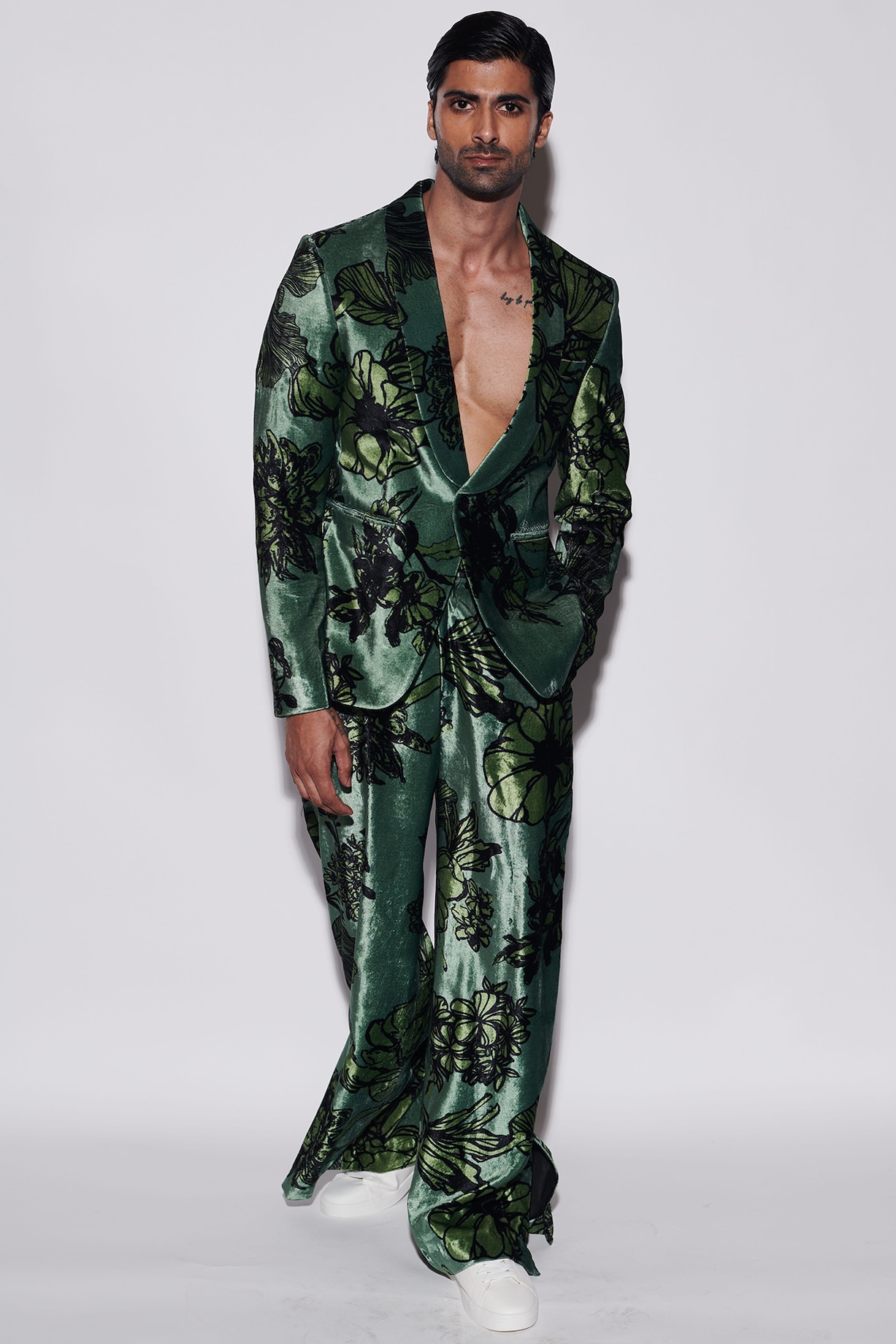 Sage Green Velvet Floral Printed Jacket Set by Varun Bahl Men at