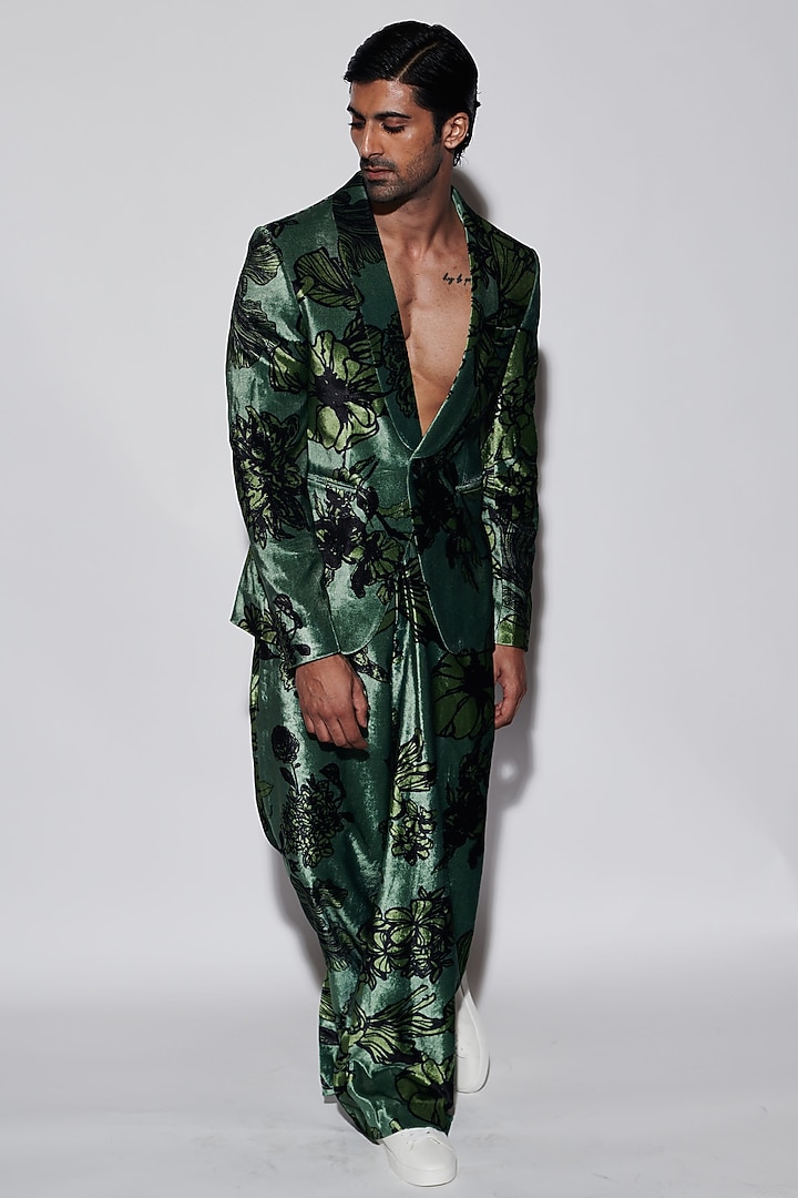 Sage Green Velvet Floral Printed Jacket Set by Varun Bahl Men at Pernia's Pop Up Shop