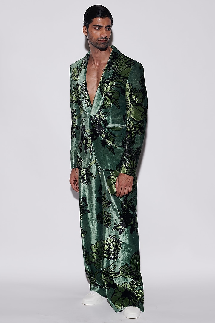 Sage Green Velvet Floral Printed Jacket Set by Varun Bahl Men at Pernia's Pop Up Shop