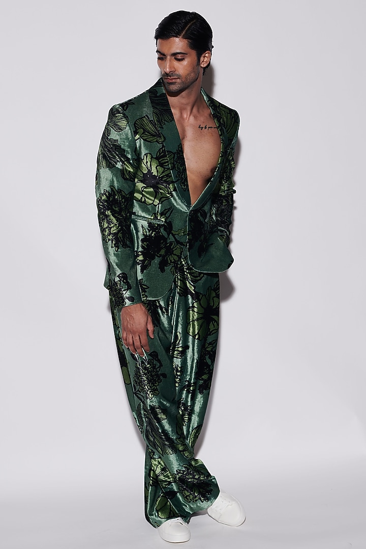 Sage Green Velvet Floral Printed Jacket Set by Varun Bahl Men at Pernia's Pop Up Shop