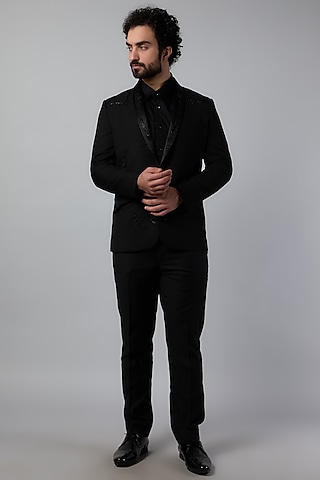 Black Suiting Fabric Cutdana Embroidered Tuxedo Set by Varun Bahl Men