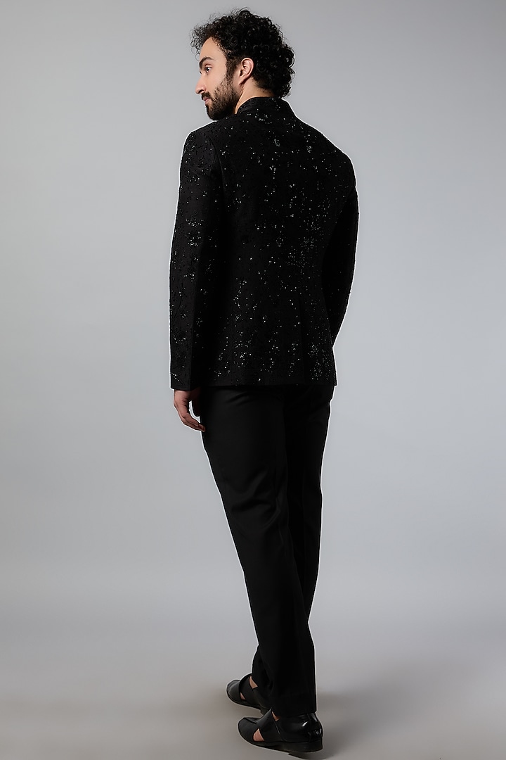 Black Silk Cutdana Embroidered Groom Bandhgala Set by Varun Bahl Men at Pernia's Pop Up Shop
