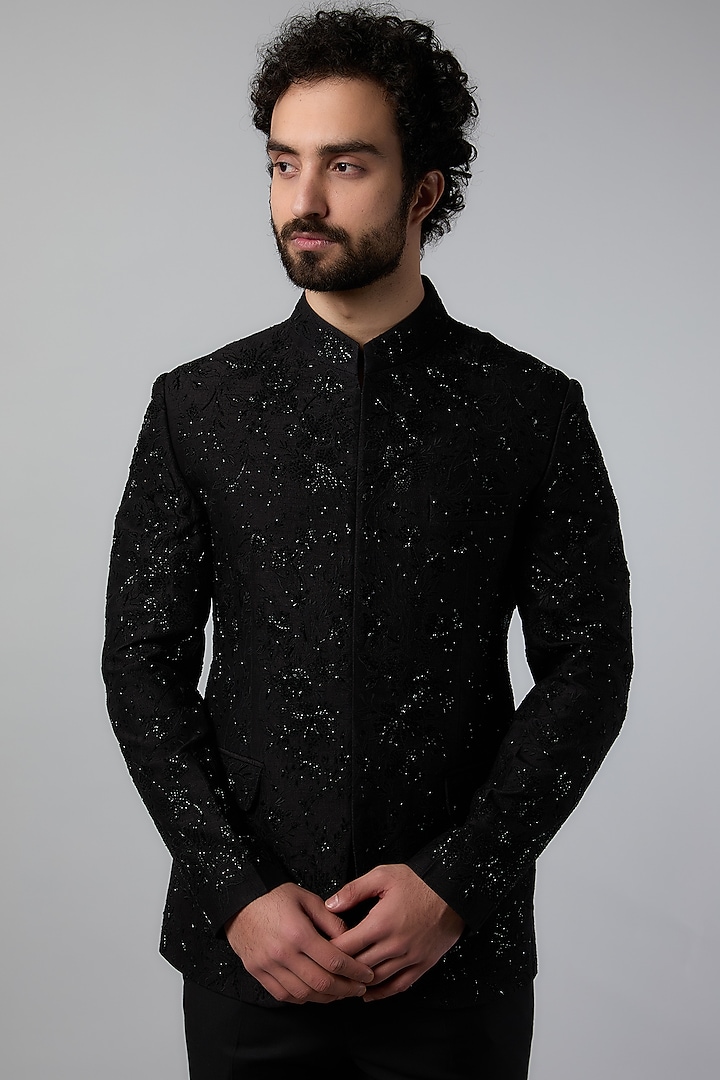 Black Silk Cutdana Embroidered Groom Bandhgala Set by Varun Bahl Men at Pernia's Pop Up Shop