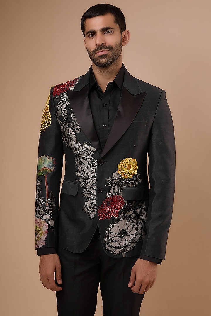 Black Suiting Hand Embroidered Tuxedo by Varun Bahl Men