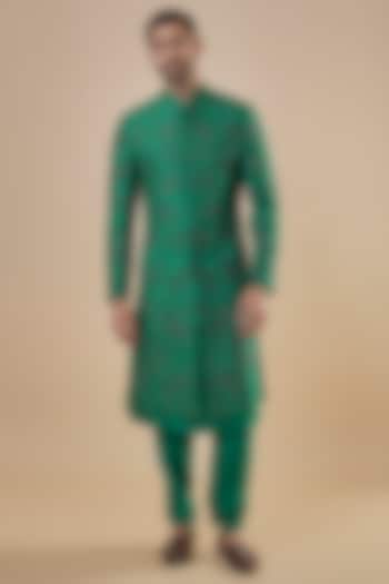 Green Modal Silk Bead & Thread Embroidered Sherwani Set by Varun Bahl Men