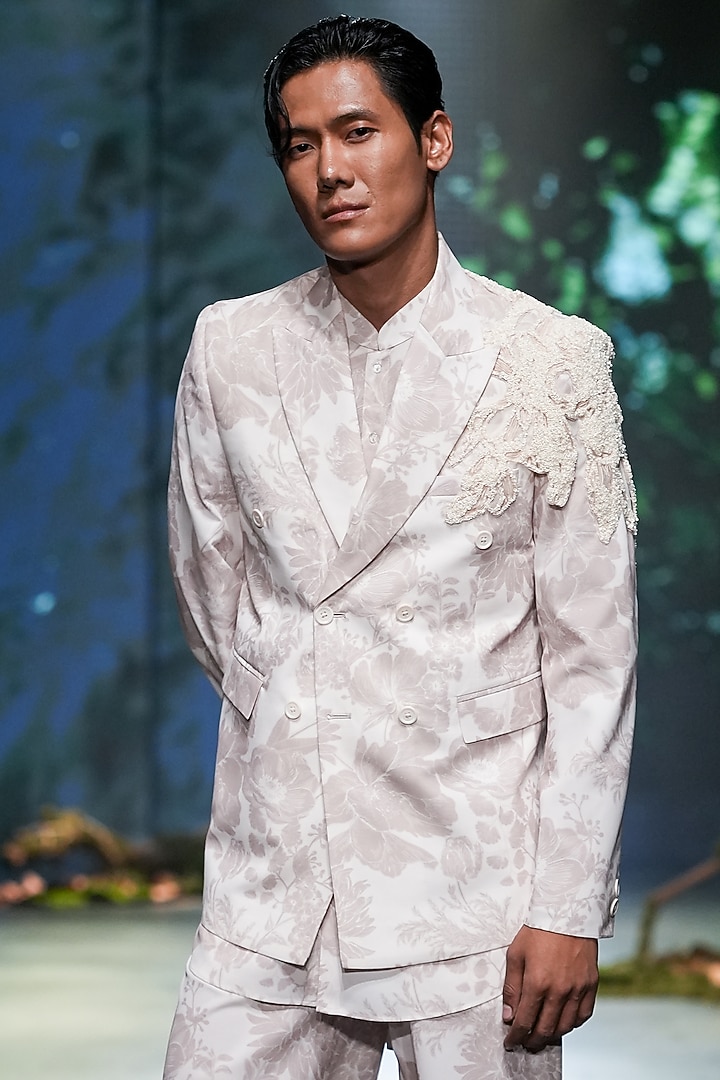 Beige Ivory Georgette Printed Double-Breasted Jacket Set by