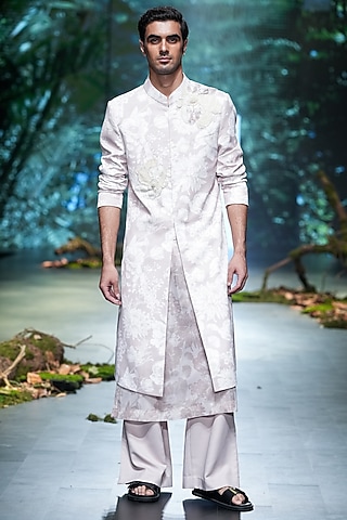 Ivory & Beige Suiting Floral Printed Sherwani Set by Varun Bahl Men
