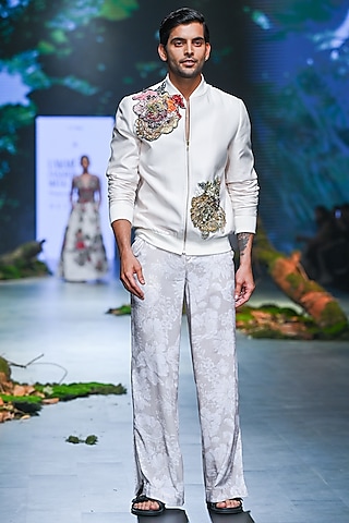Ivory Chanderi Floral Bomber Jacket Set by Varun Bahl Men