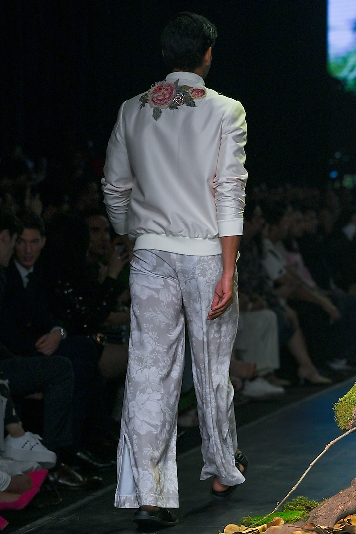 Ivory Chanderi Floral Bomber Jacket Set by Varun Bahl Men at Pernia's Pop Up Shop