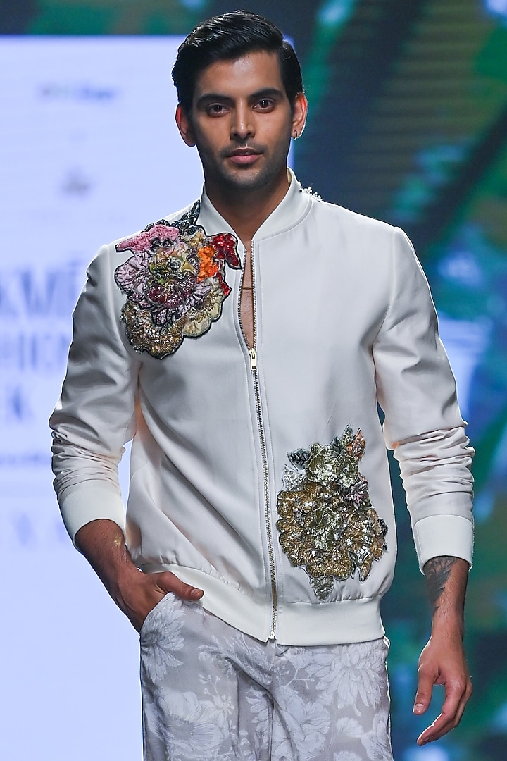Ivory Chanderi Floral Bomber Jacket Set by Varun Bahl Men at Pernia's Pop Up Shop