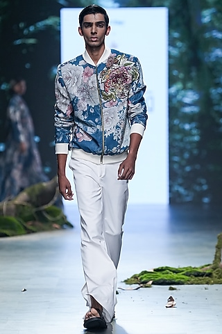 MIdnight Blue Velvet Floral Printed Bomber Jacket Set by Varun Bahl Men