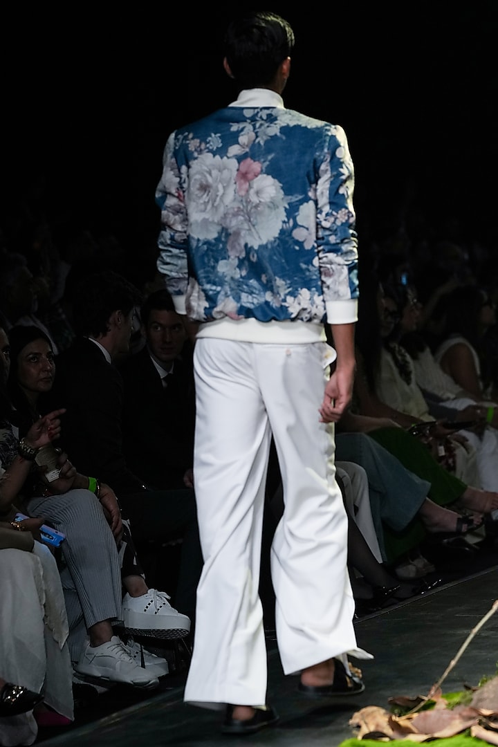 MIdnight Blue Velvet Floral Printed Bomber Jacket Set by Varun Bahl Men at Pernia's Pop Up Shop