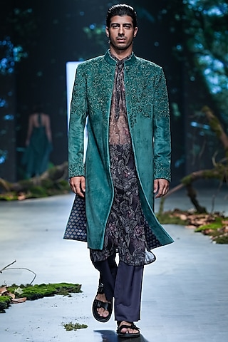 Bottle Green Velvet Hand Embroidered Indo-Western Set by Varun Bahl Men