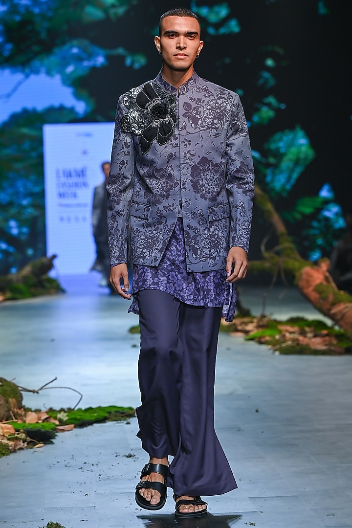 Grey & Purple Suiting Terry Rayon Printed Bandhgala Set by Varun Bahl Men